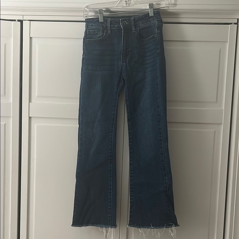 Just USA Dark Blue Flare Cropped Frayed Jeans